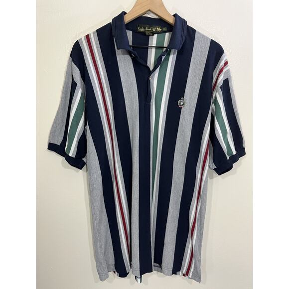 Vtg Equestrian Crest Embroidery Stripe Polo XL Preppy Rugby Golf Nautical Resort - Picture 1 of 12